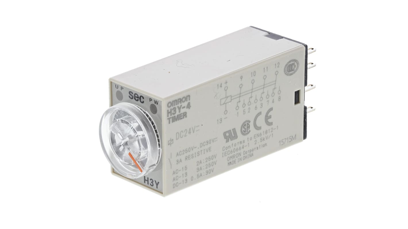 Omron H3Y-4 Series DIN Rail, Surface Mount Timer Relay, 24V dc, 4-Contact, 1 → 30s, 1-Function, 4PDT
