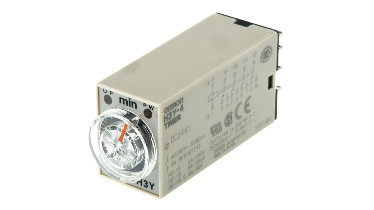 Omron H3Y-4 Series DIN Rail, Surface Mount Timer Relay, 24V dc, 4-Contact, 0.1 → 3min, 1-Function, 4PDT