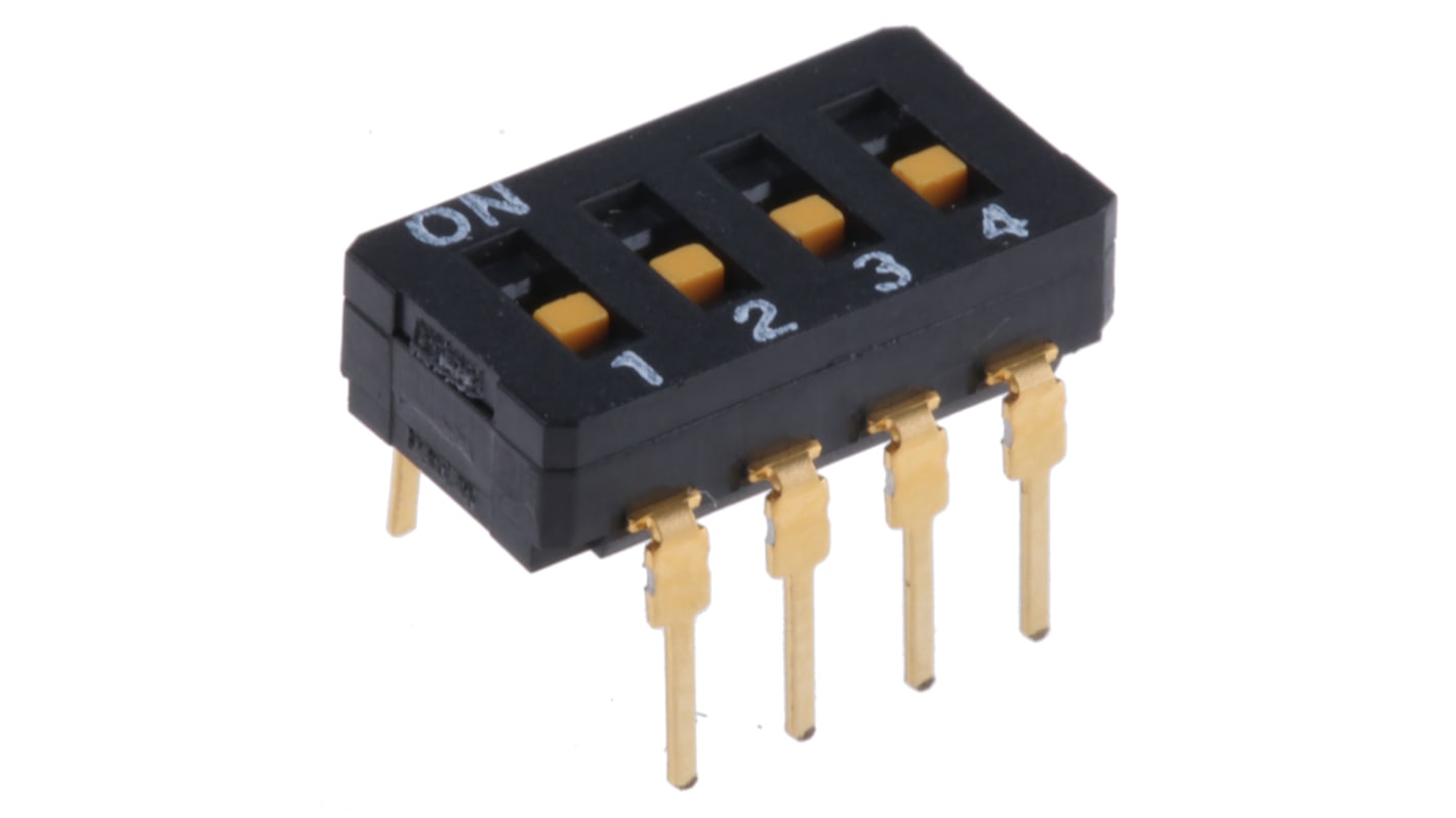 Interruttore DIP A6D-4100, 4PST, 100 mA a 5 V c.c., 4 posizioni, attuatore a Slitta, Foro passante