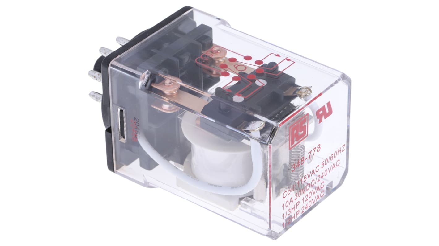 RS PRO Plug In Power Relay, 115V ac Coil, 10A Switching Current, DPDT