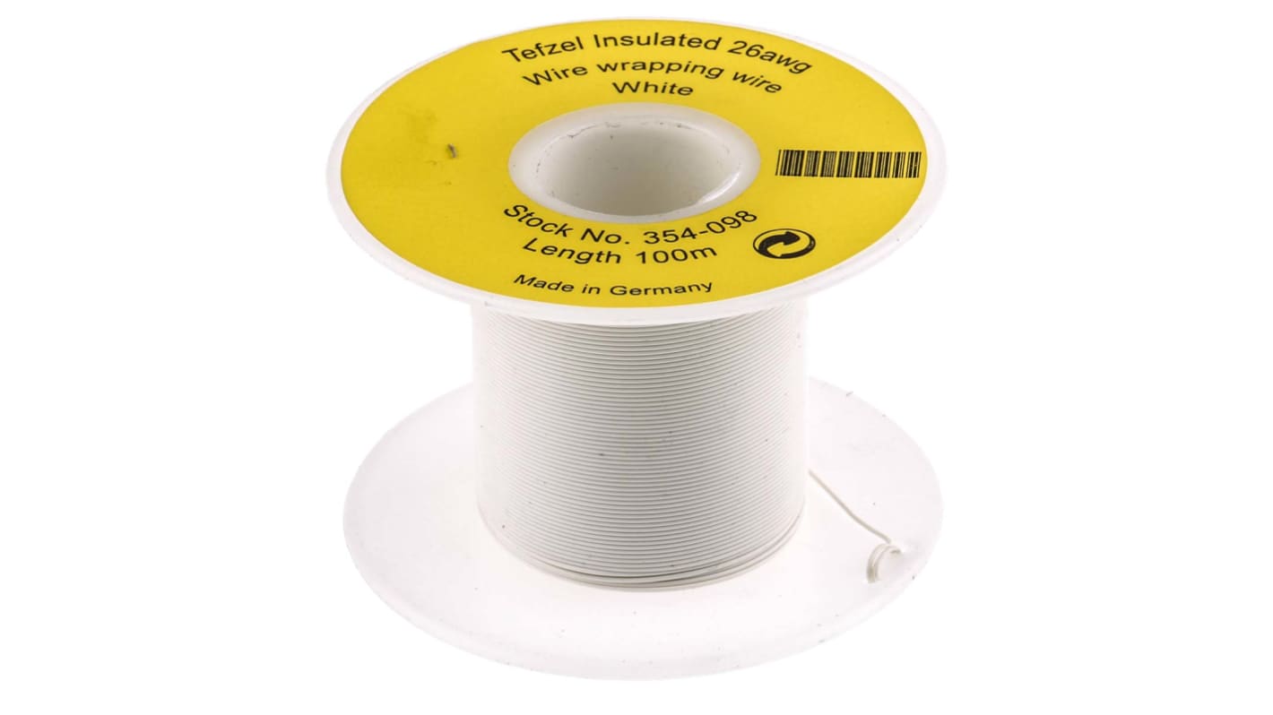 RS PRO White 0.13 mm² Hook Up Wire, 26 AWG, 1/0.4 mm, 100m, Tefzel Insulation