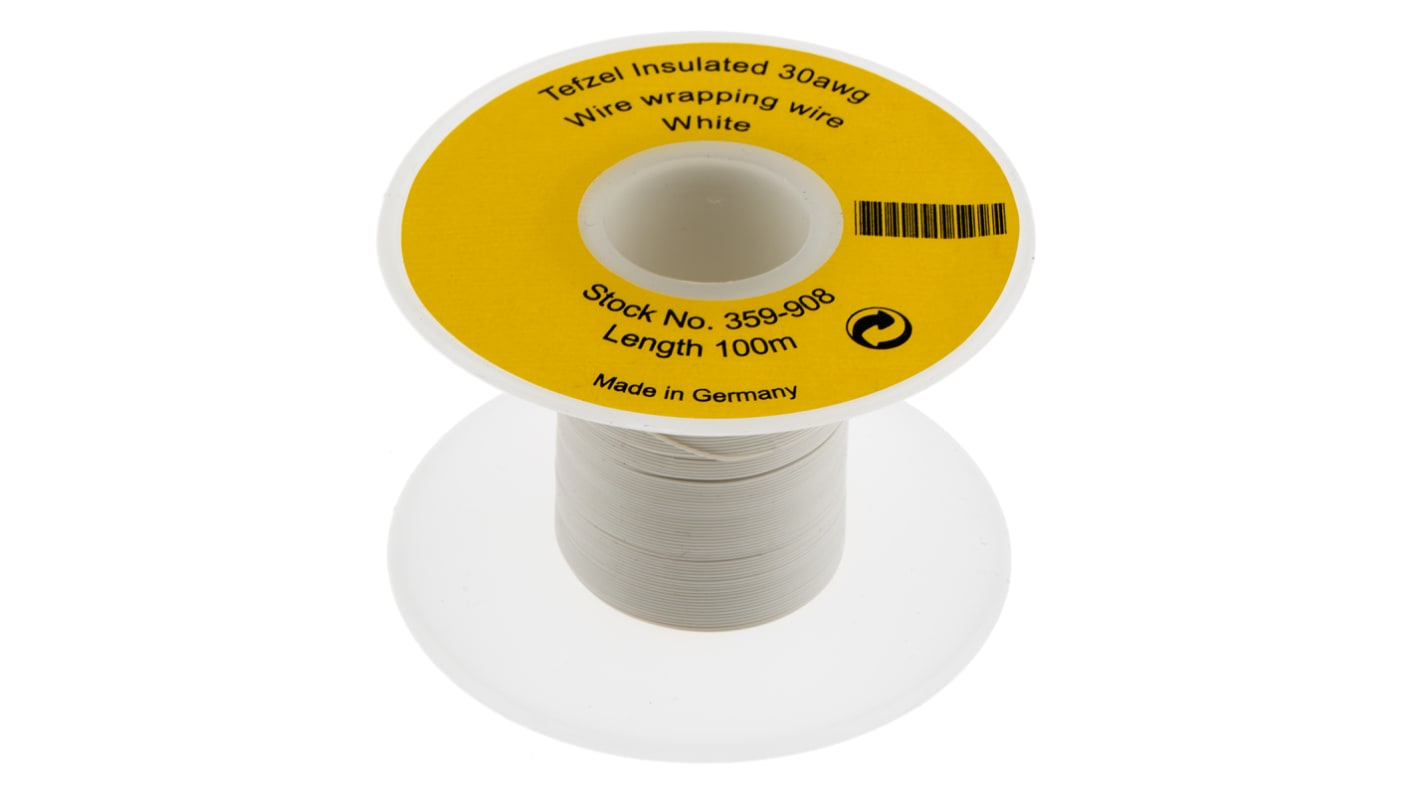 RS PRO White 0.05 mm² Hook Up Wire, 30 AWG, 1/0.25 mm, 100m, Tefzel Insulation