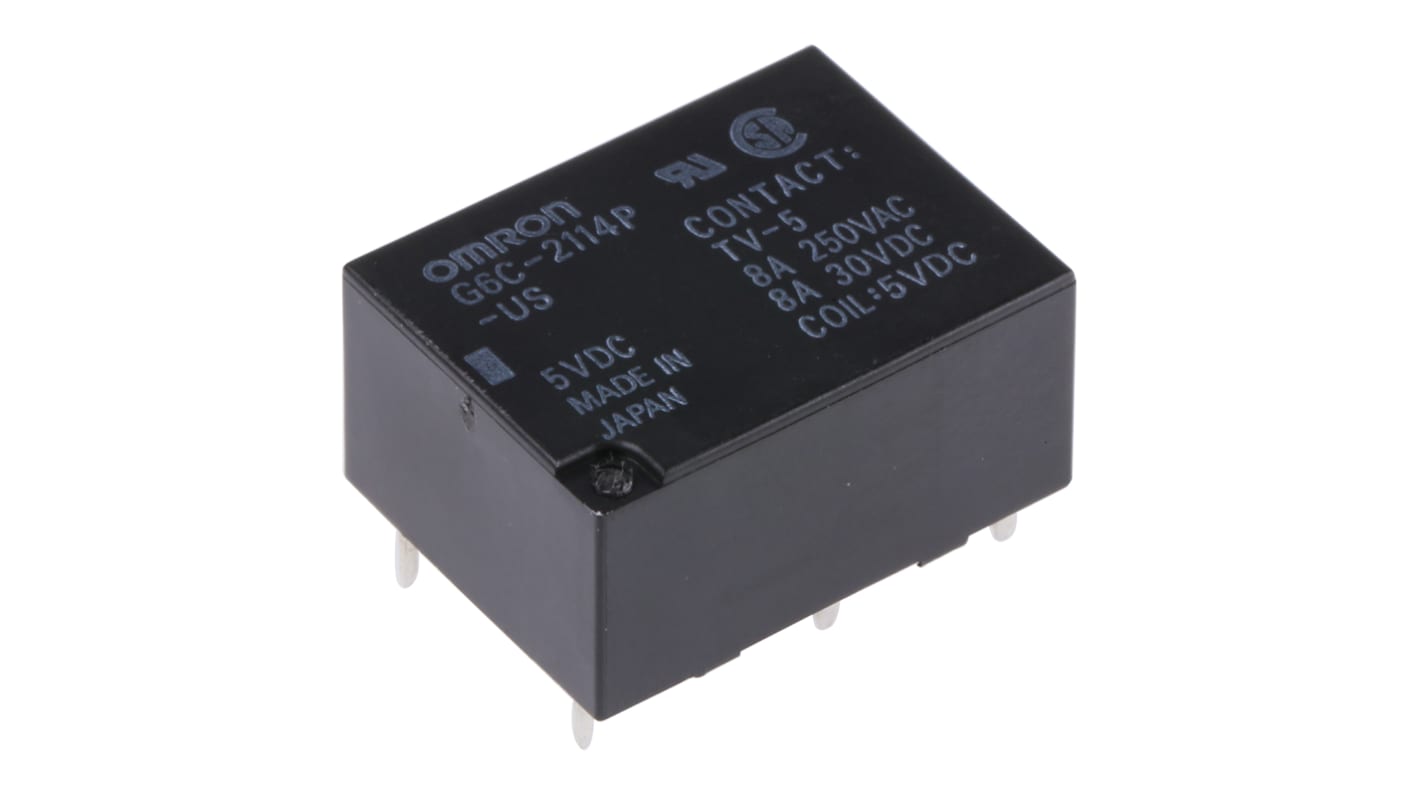 Omron PCB Mount Power Relay, 5V dc Coil, 8A Switching Current, DPST