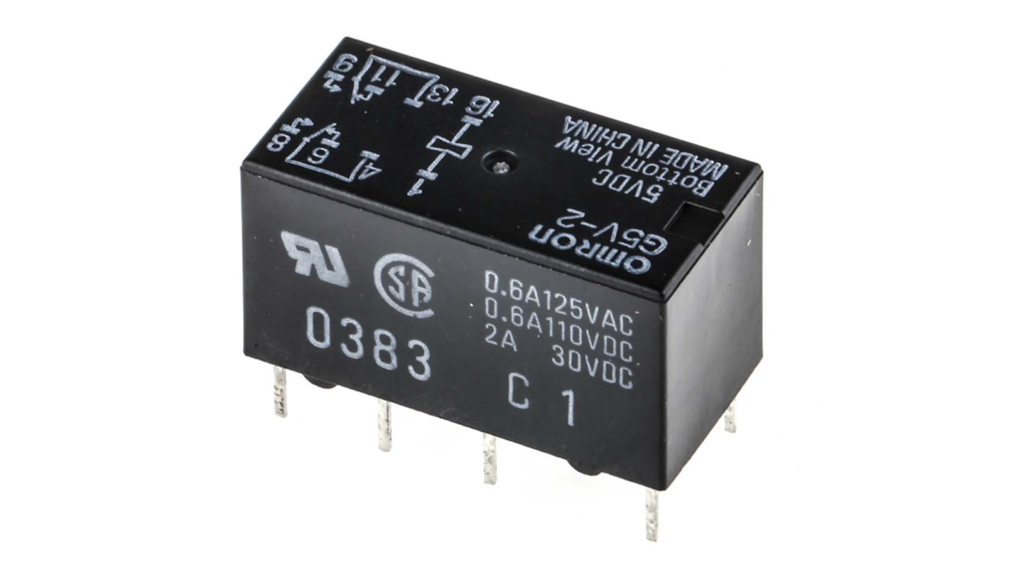 Omron PCB Mount Signal Relay, 5V dc Coil, 2A Switching Current, DPDT