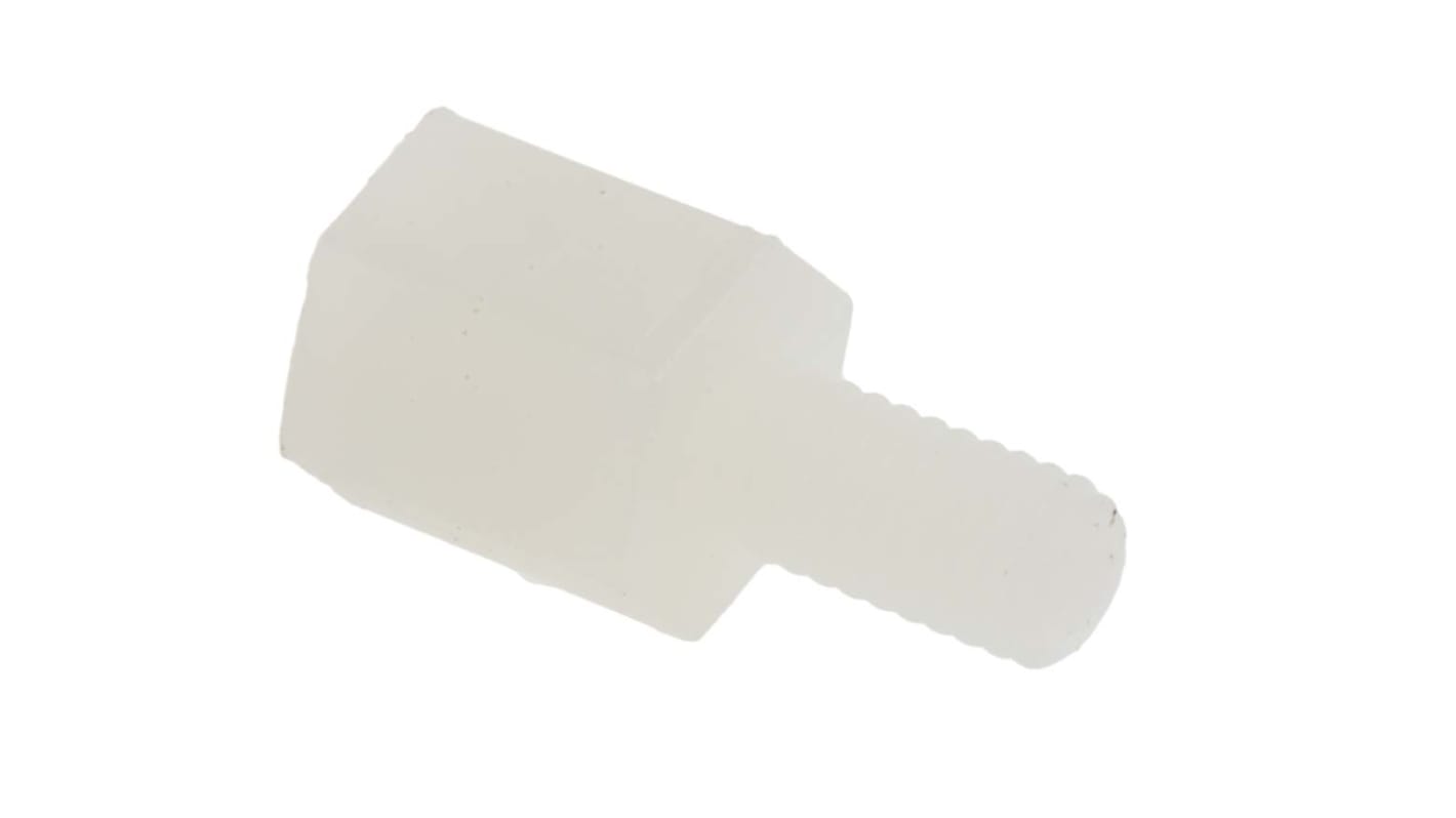 Separador roscado hexagonal Hembra/macho RS PRO, M3 x M3, long. 6mm, rosca macho 6mm, de Nylon 66