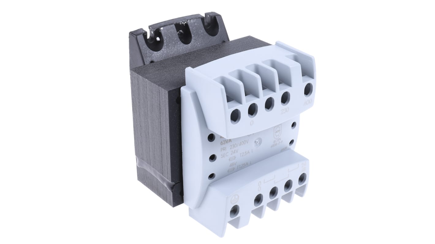 DIN-skinnetransformer, 63VA, Primær: 230 → 400V, Sekundær: 24 → 48V, 98 x 84 x 77mm