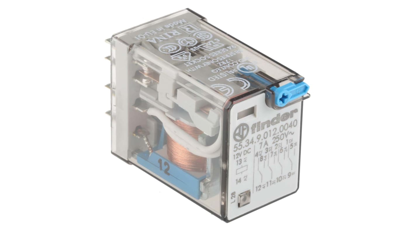 Finder Plug In Power Relay, 12V dc Coil, 7A Switching Current, 4PDT