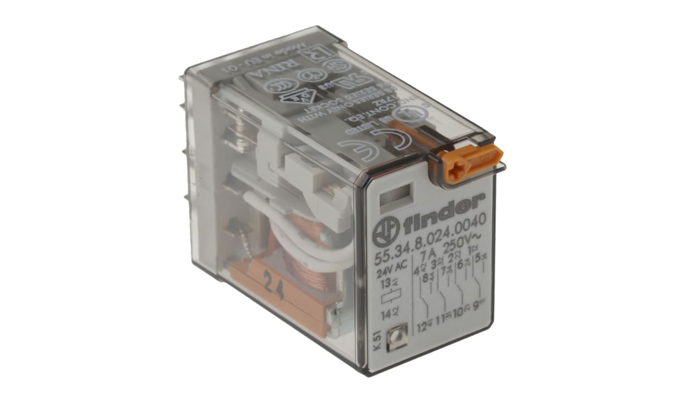 Finder Plug In Power Relay, 24V ac Coil, 7A Switching Current, 4PDT