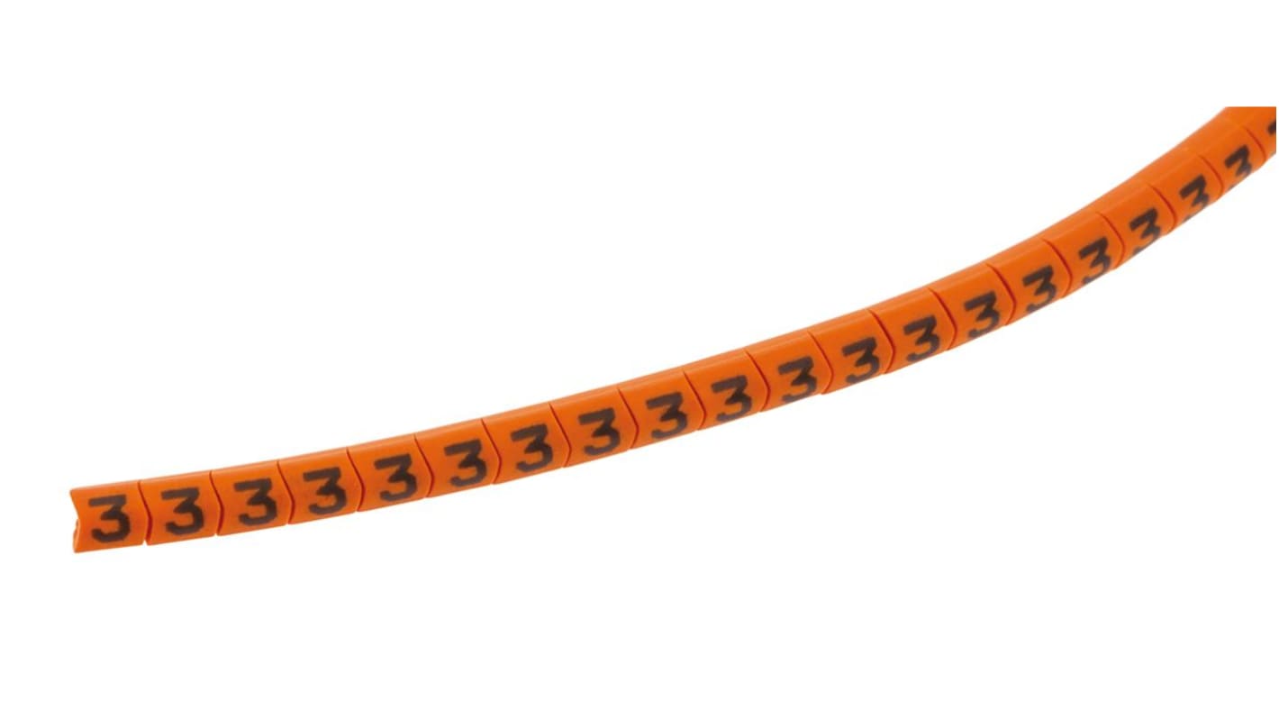 HellermannTyton Helagrip Slide On Cable Markers, Black on Orange, Pre-printed "3", 1 → 3mm Cable