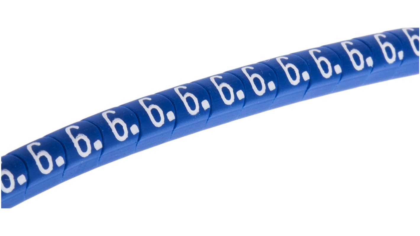 HellermannTyton Helagrip Slide On Cable Markers, White on Blue, Pre-printed "6", 1 → 3mm Cable