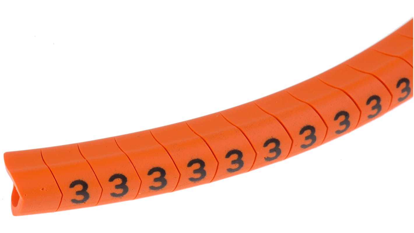 HellermannTyton Helagrip Slide On Cable Markers, Black on Orange, Pre-printed "3", 4 → 9mm Cable