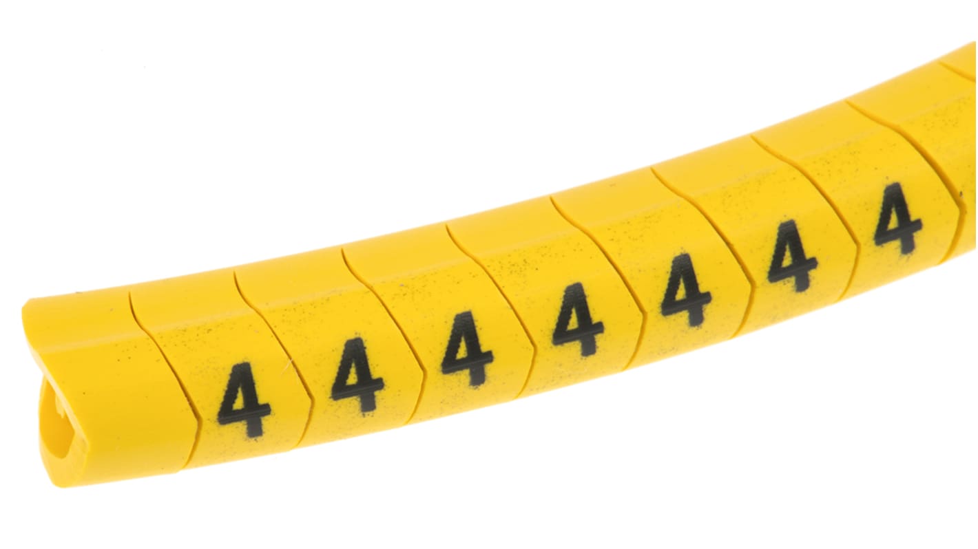 HellermannTyton Helagrip Slide On Cable Markers, Black on Yellow, Pre-printed "4", 4 → 9mm Cable