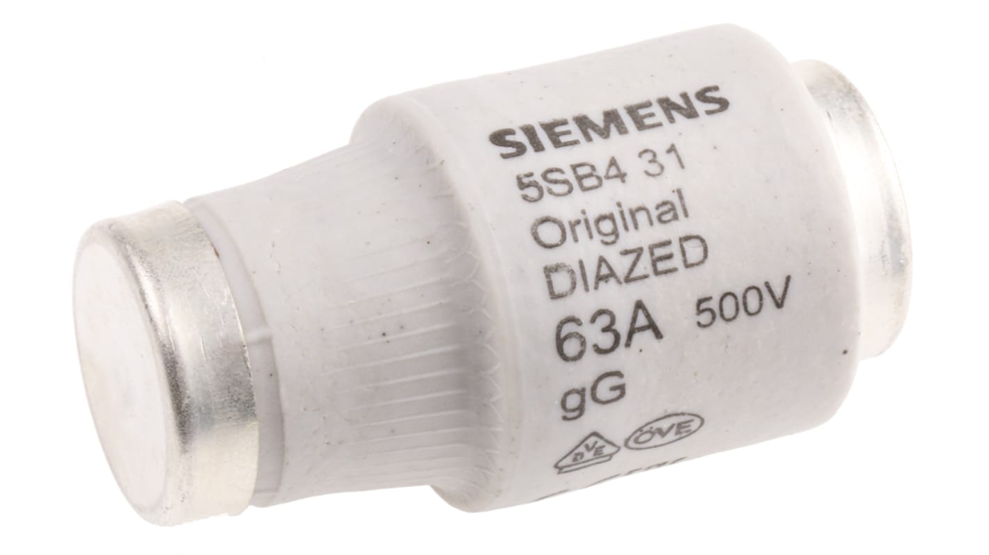 Fusibile Diazed Siemens, 63A, 50 kA a 500 V c.a., 8 kA a 500 V c.c., filetto E33, fusibile DIII, cat. gG, indicatore