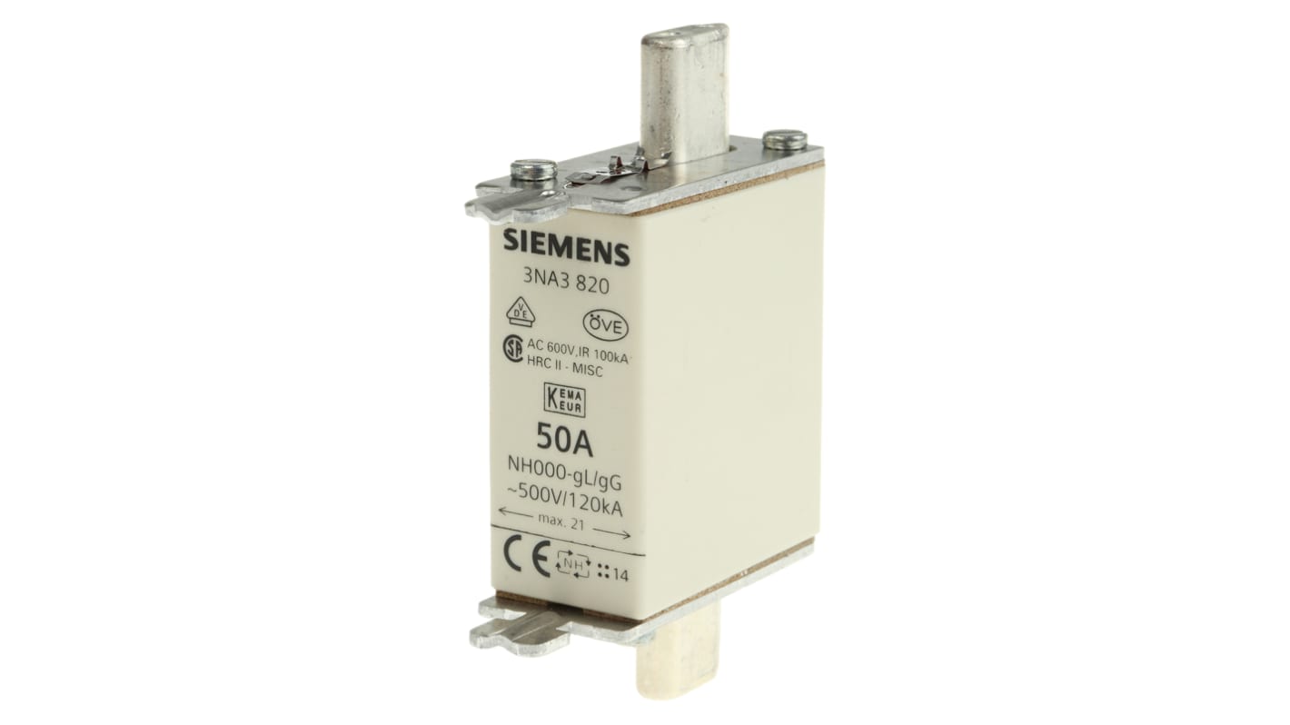 Fusibile NH, Siemens, 50A, fusibile NH000, standard CSA 22.2, IEC EN 60269, VDE 0636, cat. gG 500V ca