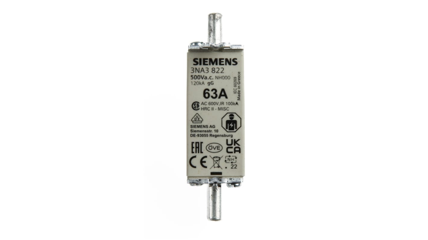 Siemens 3NA3 NH-Sicherung NH000, 500V ac / 63A, gG CSA 22.2, IEC EN 60269, VDE 0636