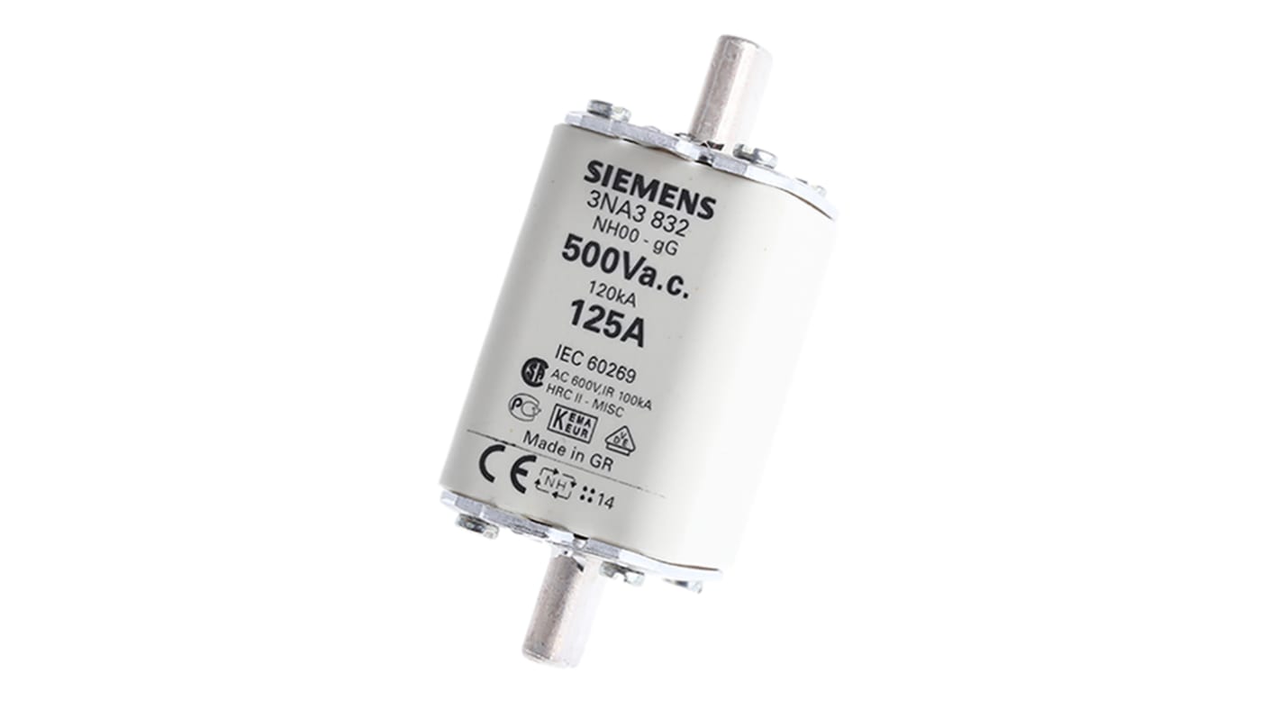 Fusible NH de cuchillas centradas Siemens 3NA, NH00, gG, 500V ac, 125A, CSA 22.2, IEC EN 60269, VDE 0636