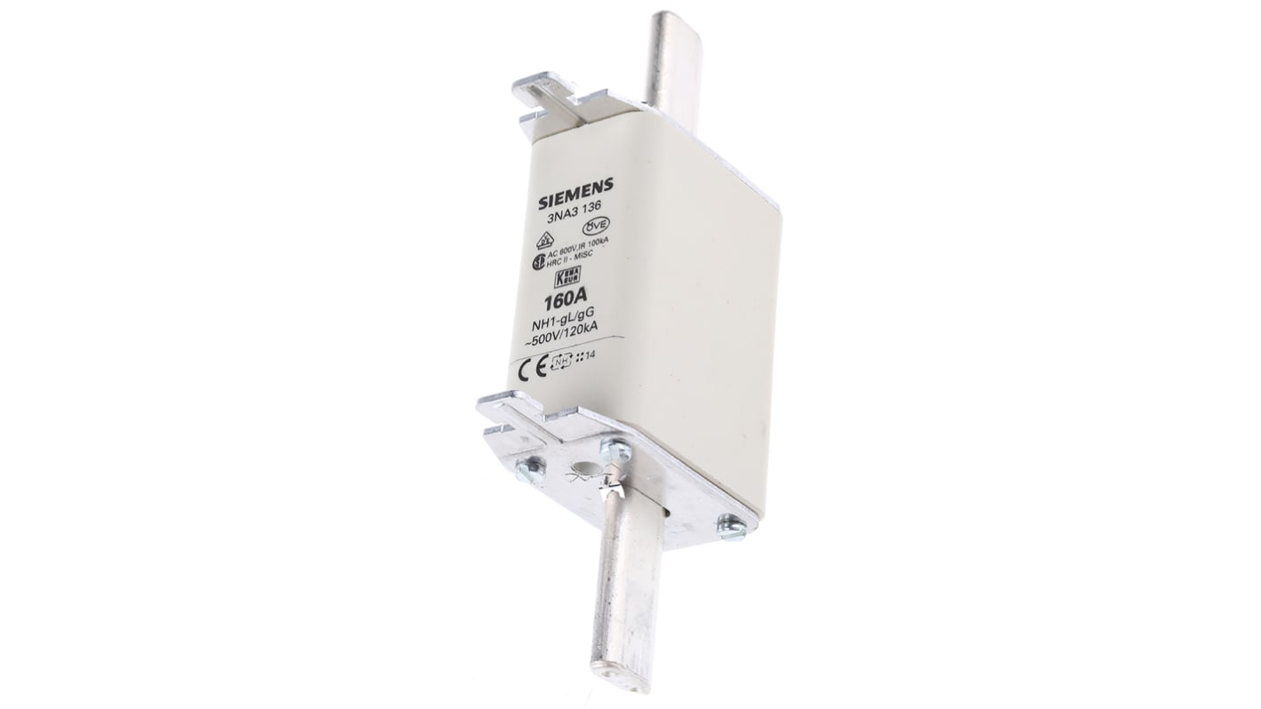 Fusible NH de cuchillas centradas Siemens, NH1, gG, 500V ac, 160A, CSA 22.2, IEC EN 60269, VDE 0636