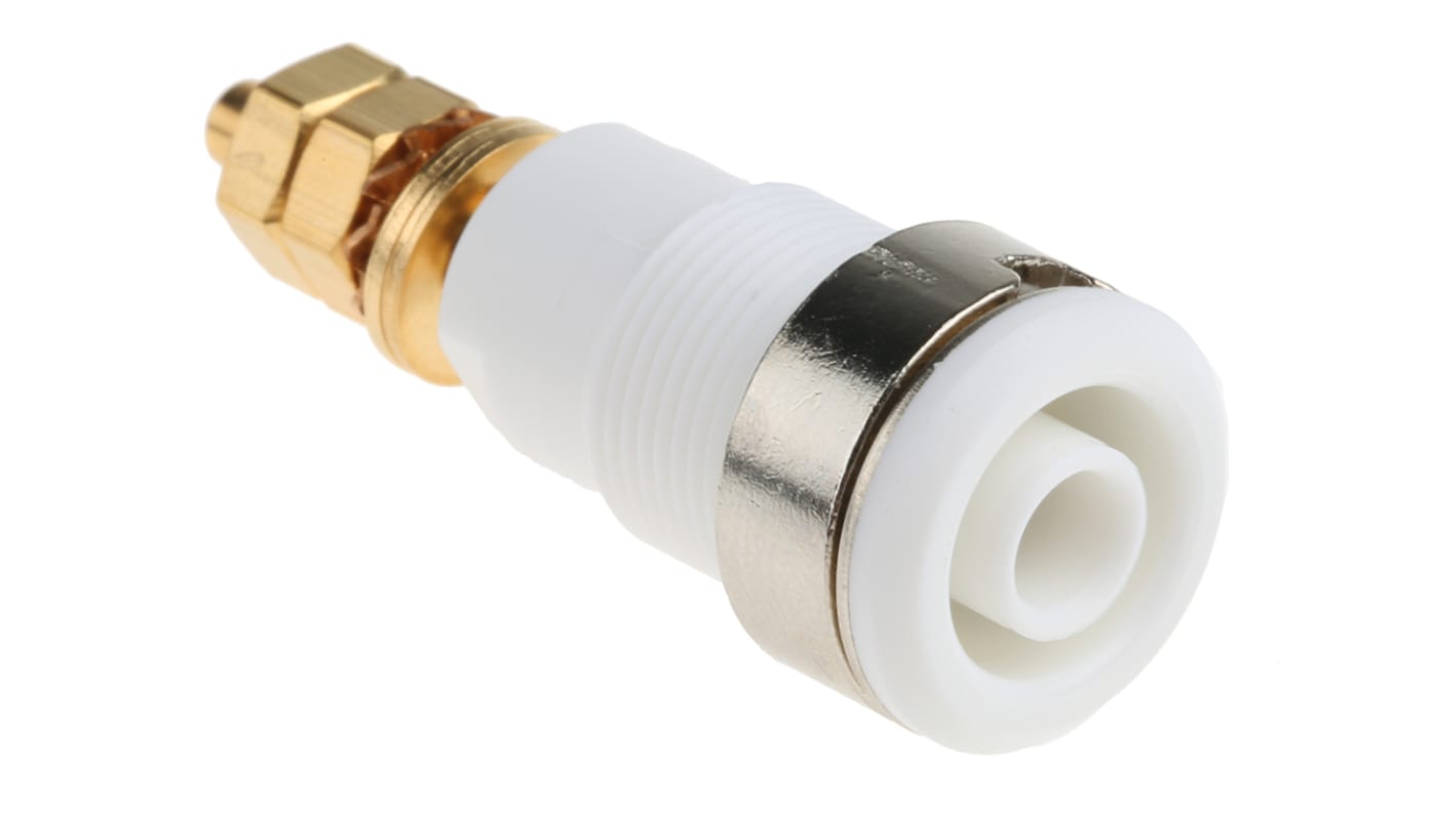 Conector banana hembra Hembra, 32A, 1000V, Contacto Oro, Blanco