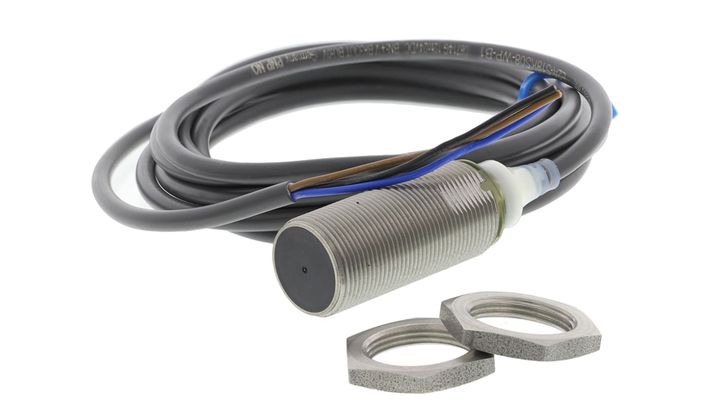 Omron Inductive Barrel-Style Proximity Sensor, M18 x 1, 8 mm Detection, PNP Output, 12 → 24 V dc, IP67
