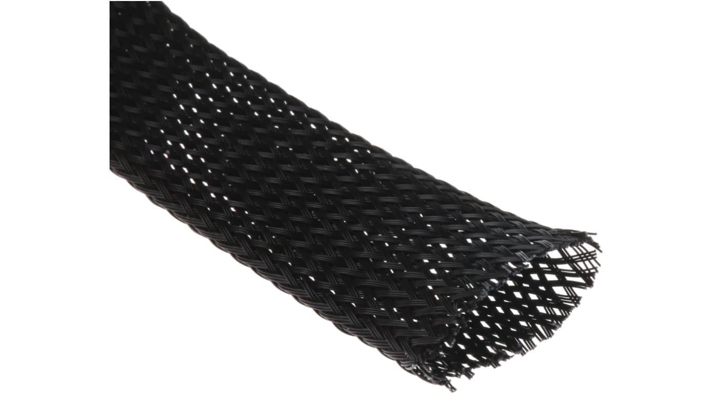 RS PRO Expandable Braided PET Black Cable Sleeve, 19mm Diameter, 30m Length