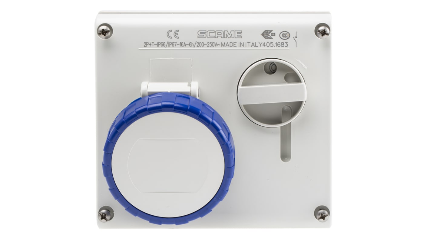 Connecteur Industriel Femelle 2P+E commutable Bleu IP66, IP67,250 V,16A Angle droit