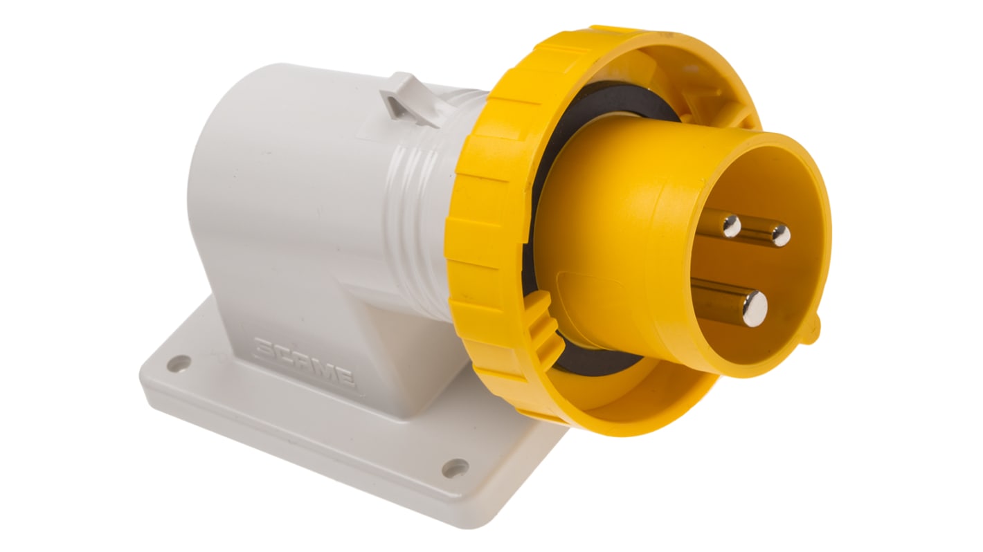 Scame IP66, IP67 Yellow Wall Mount 2P + E Right Angle Industrial Power Plug, Rated At 16A, 110 V