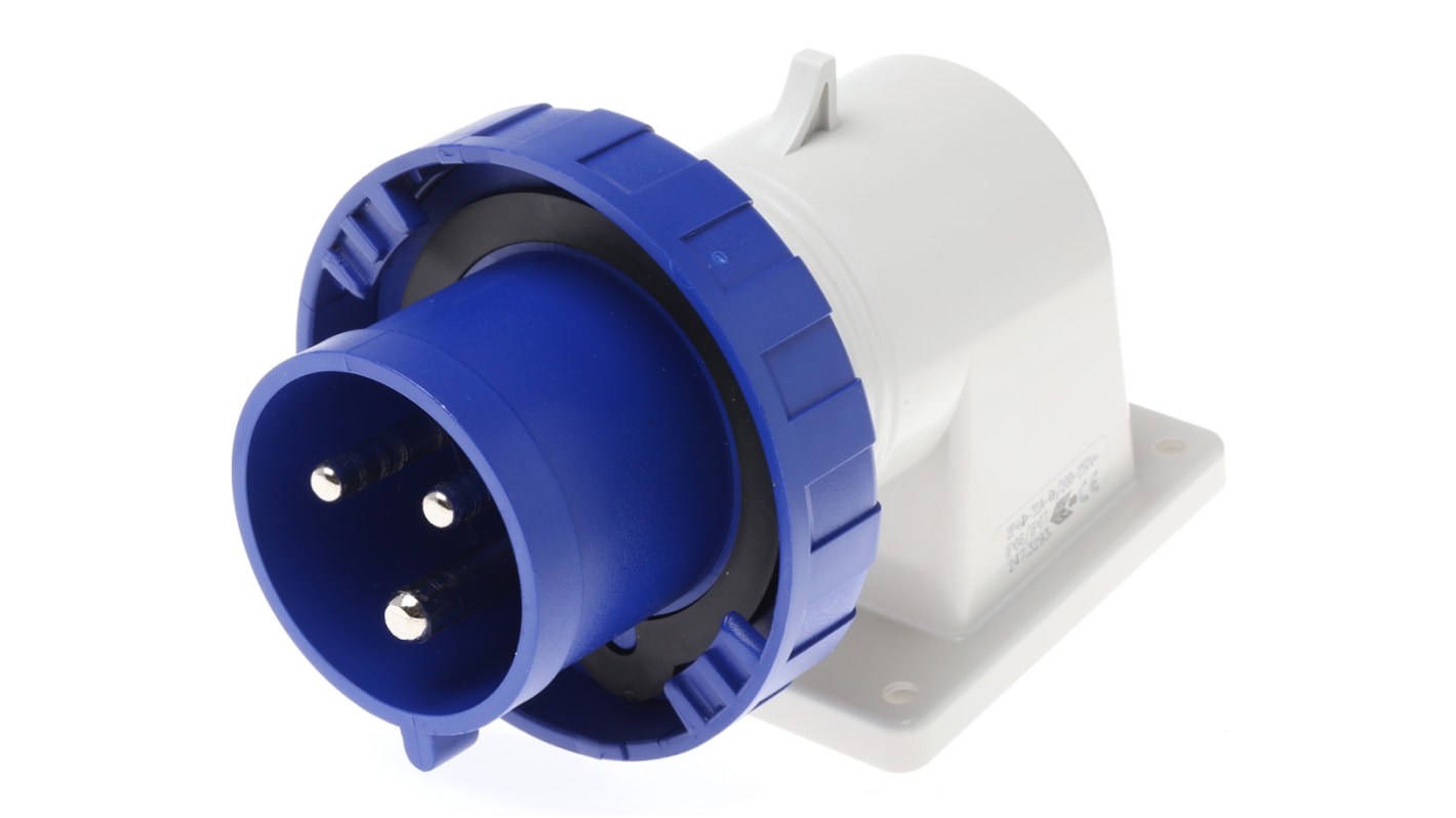 Scame IP66, IP67 Blue Wall Mount 2P + E Right Angle Industrial Power Plug, Rated At 32A, 230 V