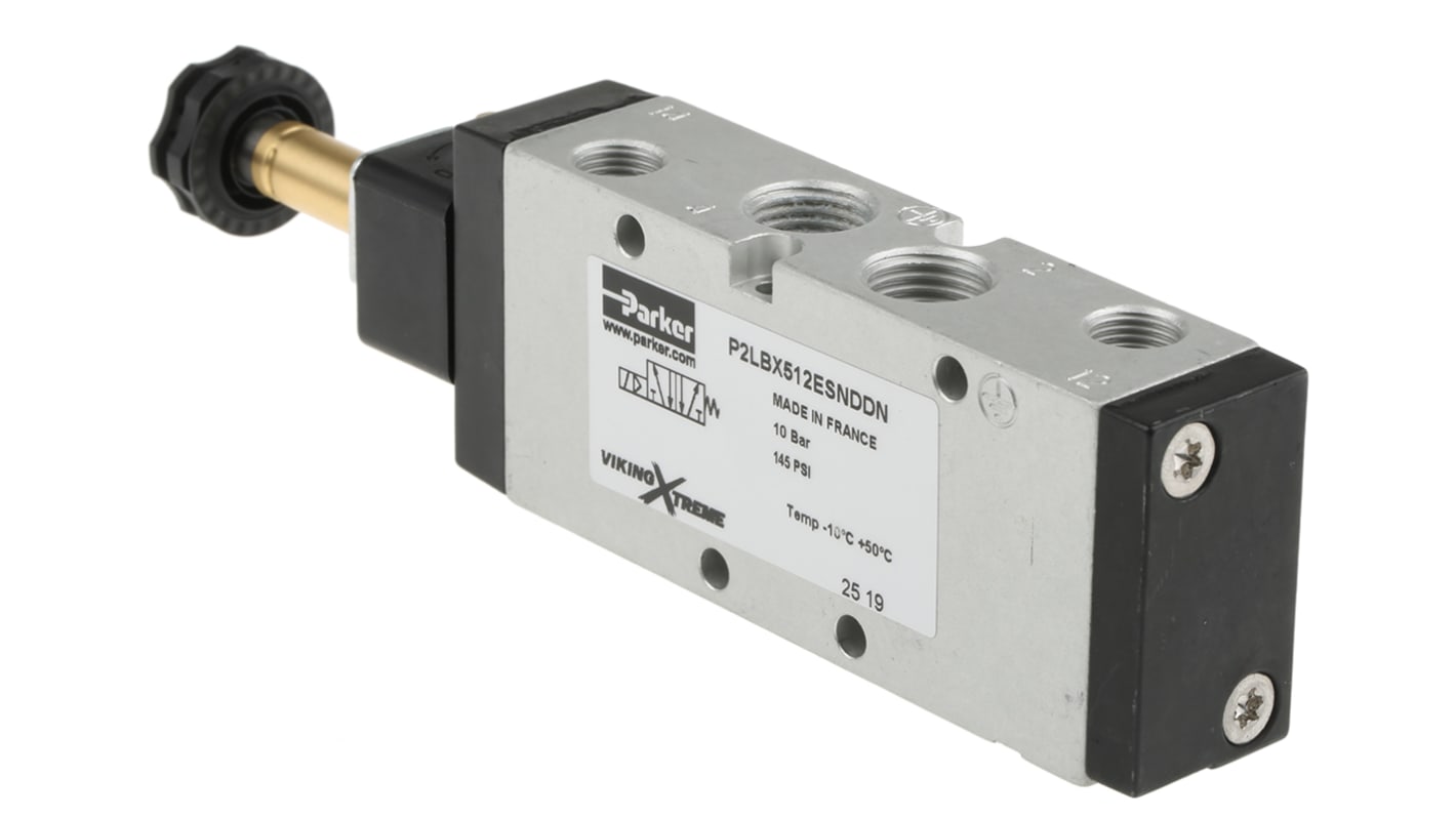 Electroválvula neumática Parker, Serie Viking Xtreme, Rosca G 1/4, Función 5/2, Solenoide/Resorte, 38l/min