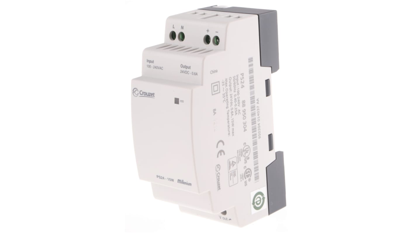 Crouzet PLC Power Supply PS Series PS Series, 100 → 240 V ac, 24V dc, 600 mA 15W 110 x 36 x 56.1 mm