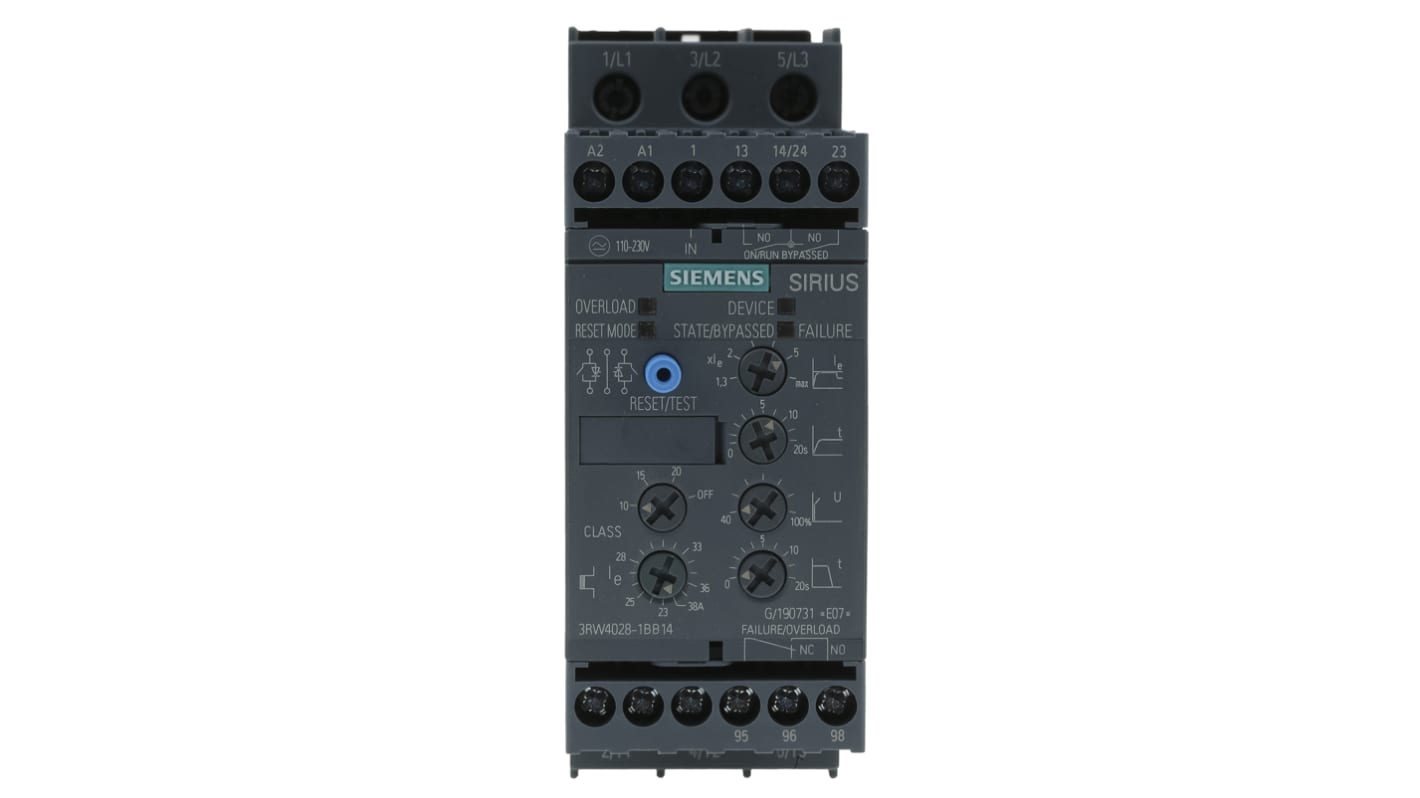 Arrancador suave Siemens SIRIUS 3RW40, 38 A, 480 V ac, 18.5 kW, trifásico, IP20