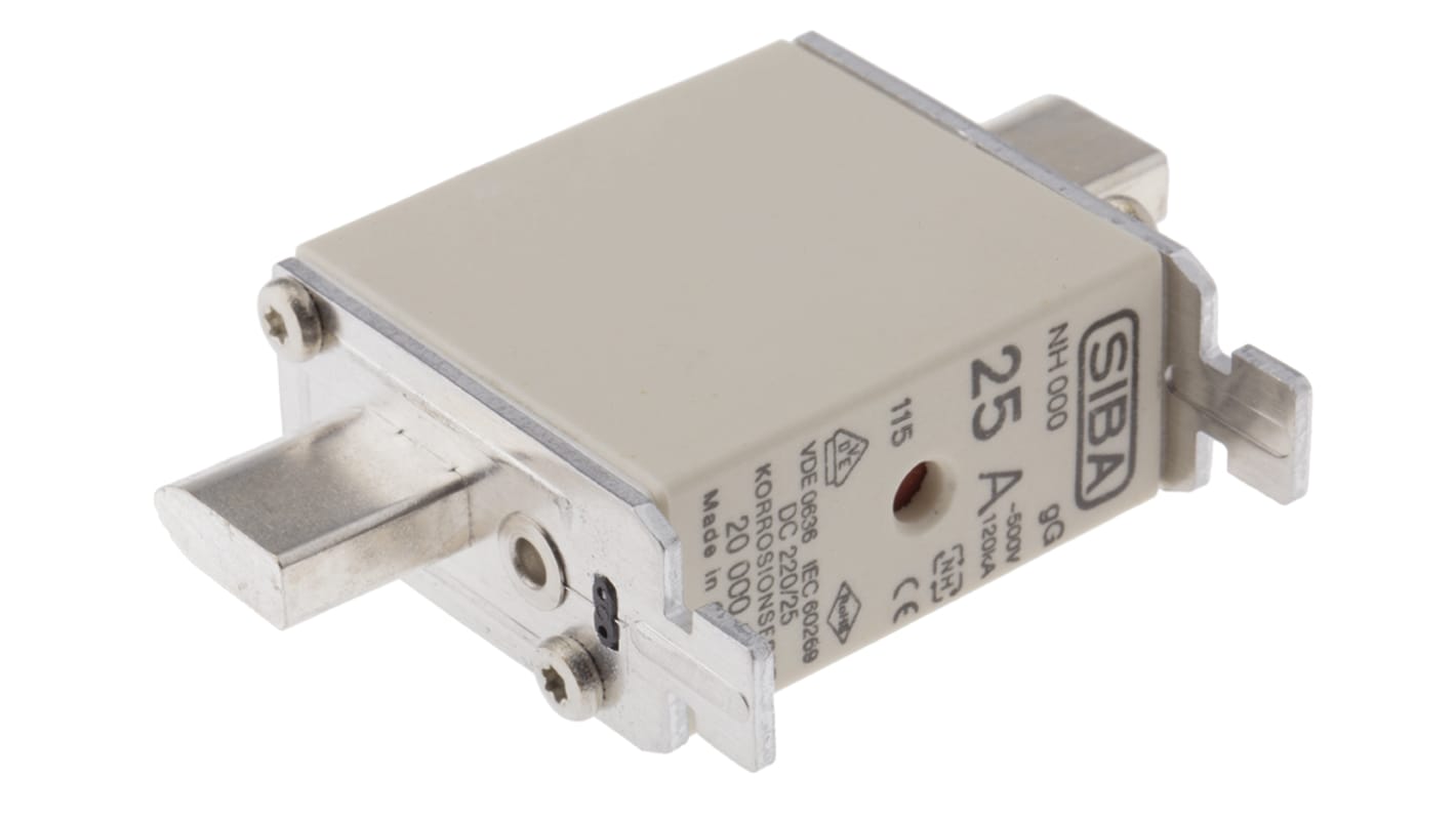 Fusibile NH, SIBA, 25A, fusibile NH000 con velocità FF, standard IEC 60269-2-1, cat. gG 500V ca