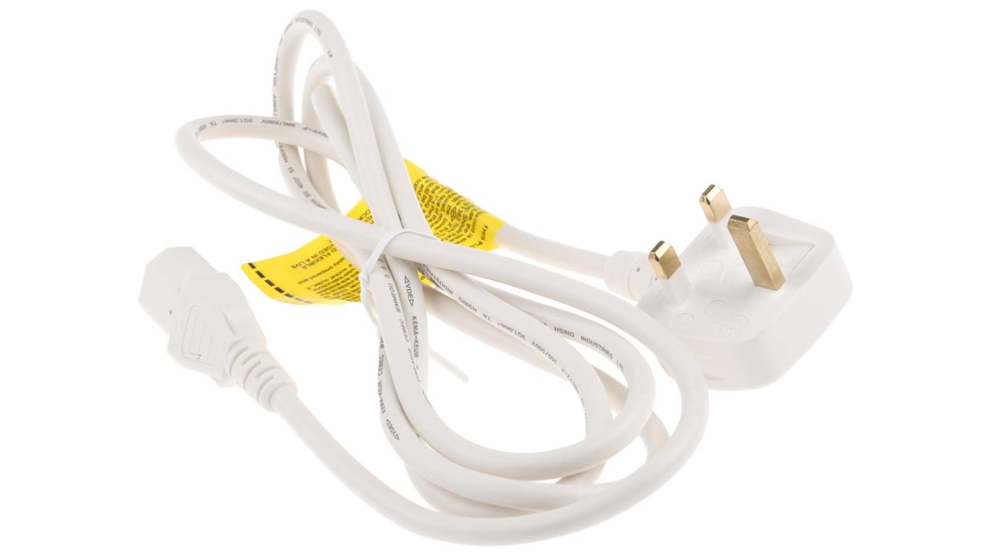 Cable de alimentación RS PRO Blanco de 2m, con. A IEC C13, hembra, con. B Conector macho para Reino Unido tipo G,