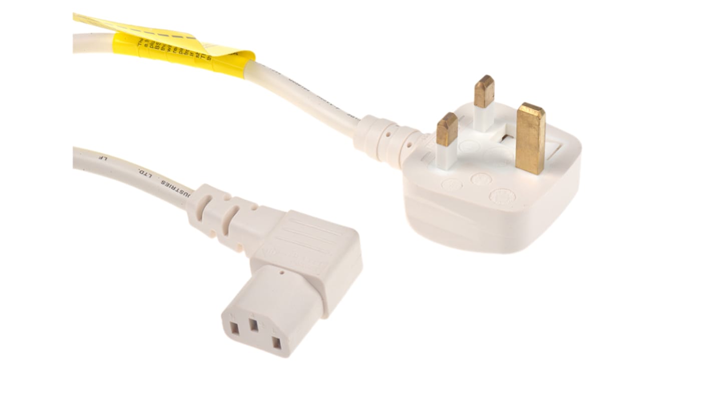 Cable de alimentación RS PRO Blanco de 2m, con. A IEC C13, hembra, con. B Conector macho para Reino Unido tipo G,