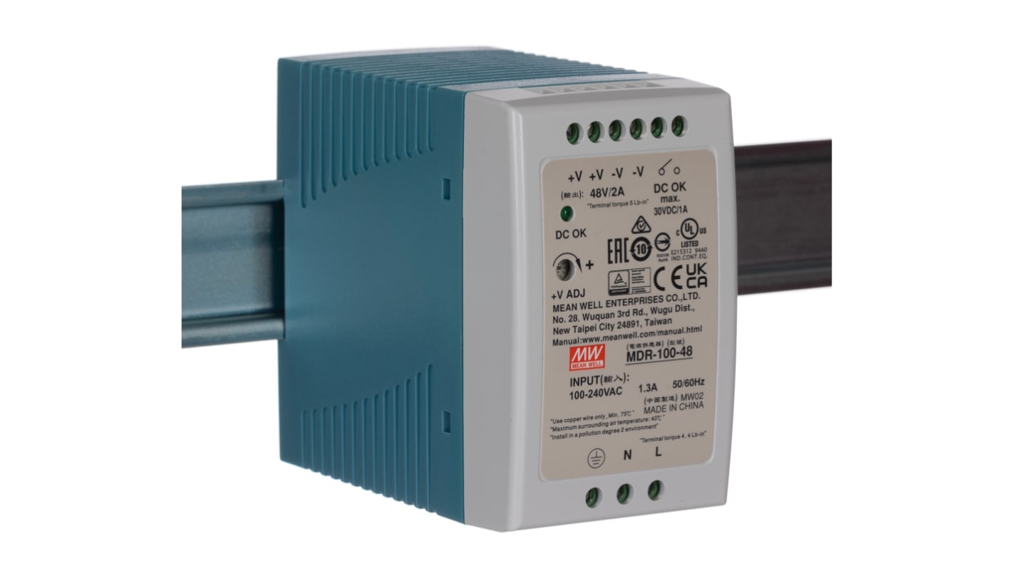 MEAN WELL MDR Switch Mode DIN Rail Power Supply, 85 → 264V ac ac Input, 48V dc dc Output, 2A Output, 100W