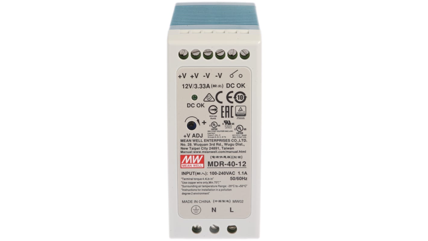 Mean Well MDR Switch Mode DIN Rail Power Supply, 85 → 264V ac ac Input, 12V dc dc Output, 3.33A Output, 40W