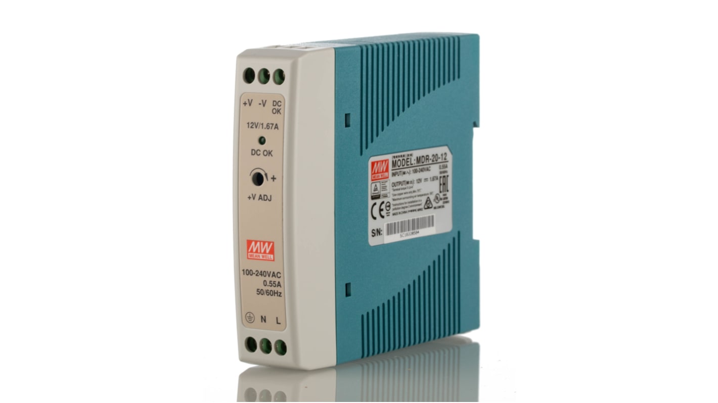 MEAN WELL MDR Switched Mode DIN Rail Power Supply, 85 → 264V ac ac Input, 12V dc dc Output, 1.67A Output, 20W