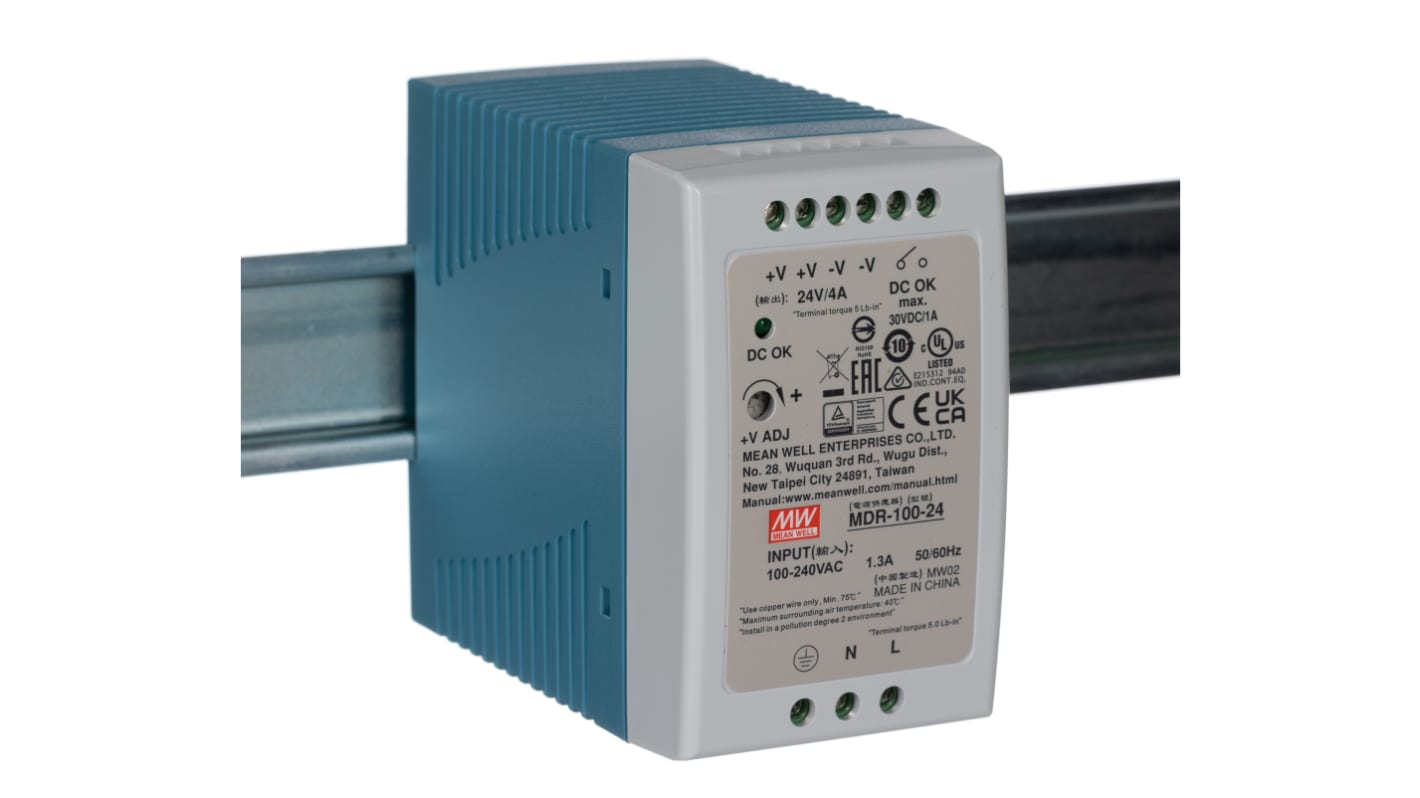 MEAN WELL MDR Switch Mode DIN Rail Power Supply, 85 → 264V ac ac Input, 24V dc dc Output, 4A Output, 100W