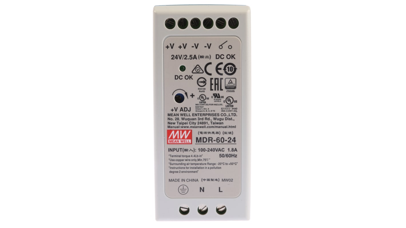 MEAN WELL MDR -Phasen Getaktet DIN-Schienen Netzteil 60W, 85 → 264V ac, 24V dc / 2.5A