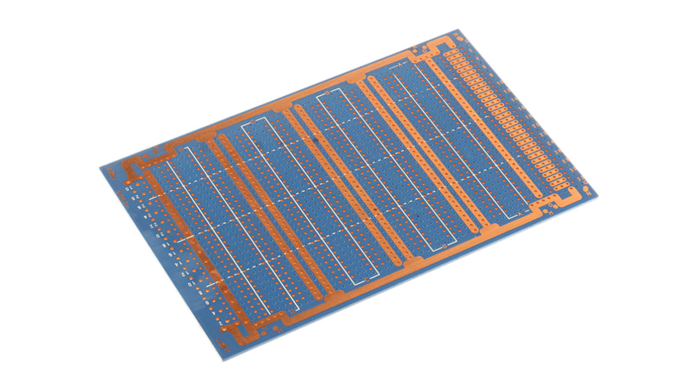 10-1042, Double Sided Eurocard PCB FR2 With 53 x 5 1.02mm Holes, 2.54 x 2.54mm Pitch, 100 x 160 x 1.6mm