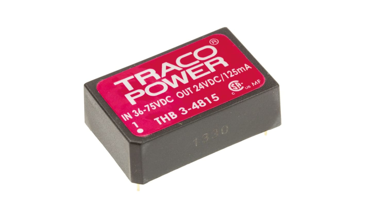 TRACOPOWER THB 3 DC-DC Converter, 24V dc/ 125mA Output, 36 → 75 V dc Input, 3W, Through Hole, +85°C Max Temp