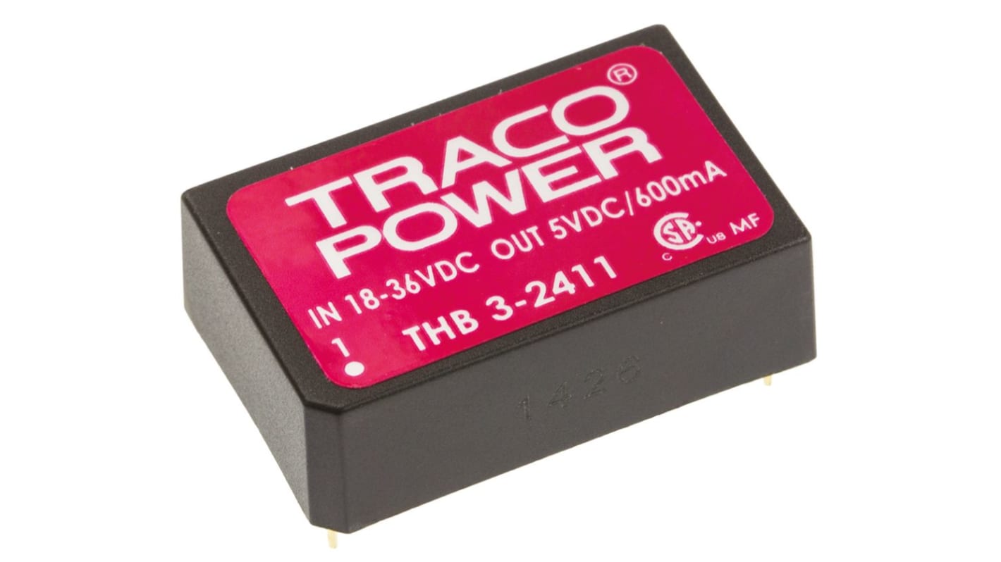 TRACOPOWER THB 3 DC/DC-Wandler 3W 24 V dc IN, 5V dc OUT / 600mA Durchsteckmontage 4kV ac isoliert