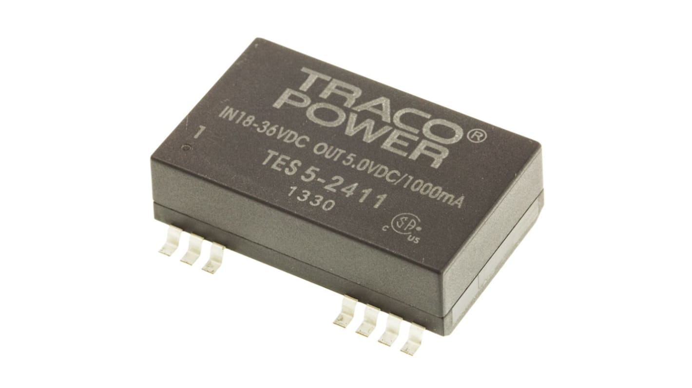 TRACOPOWER TES 5 DC-DC Converter, 5V dc/ 1A Output, 18 → 36 V dc Input, 5W, Surface Mount, +85°C Max Temp -40°C
