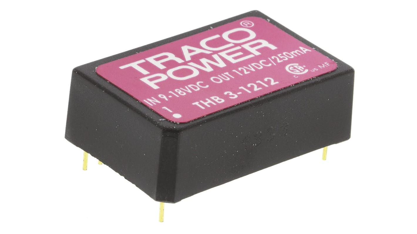 TRACOPOWER THB 3 DC/DC-Wandler 3W 12 V dc IN, 12V dc OUT / 250mA Durchsteckmontage 4kV ac isoliert