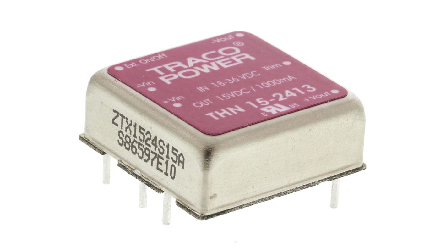 TRACOPOWER THN 15 DC-DC Converter, 15V dc/ 1A Output, 18 → 36 V dc Input, 15W, Through Hole, +85°C Max Temp