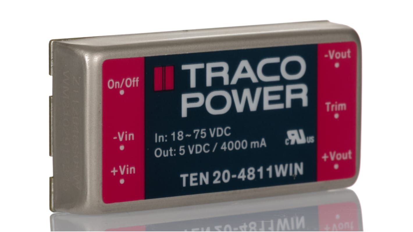 Convertisseur DC-DC TRACOPOWER, TEN 20WIN, Montage traversant, 20W, 1 sortie, 5V c.c., 4A