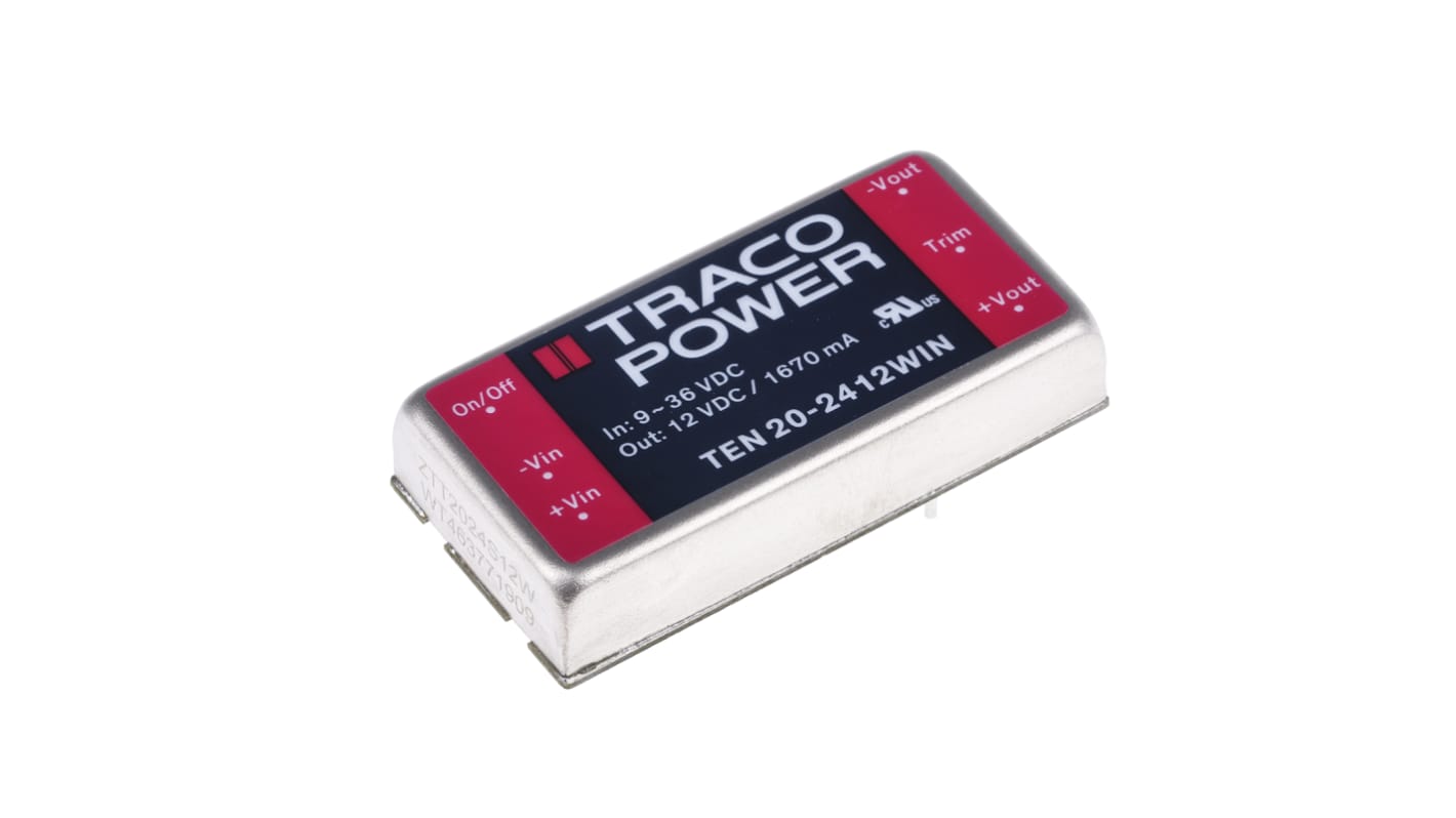 TRACOPOWER TEN 20WIN DC-DC Converter, 12V dc/ 1.67A Output, 9 → 36 V dc Input, 20W, Through Hole, +85°C Max Temp