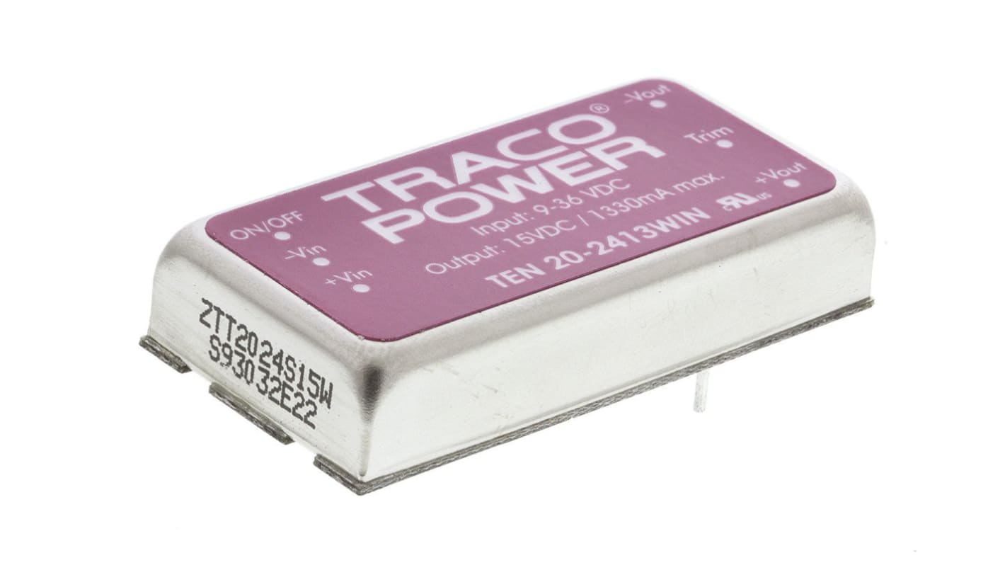 TRACOPOWER TEN 20WIN DC/DC-Wandler 20W 24 V dc IN, 15V dc OUT / 1.33A Durchsteckmontage 1.5kV dc isoliert