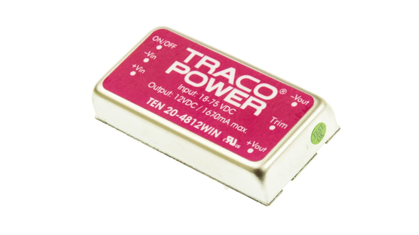 Convertisseur DC-DC TRACOPOWER, TEN 20WIN, Montage traversant, 20W, 1 sortie, 12V c.c., 1.67A