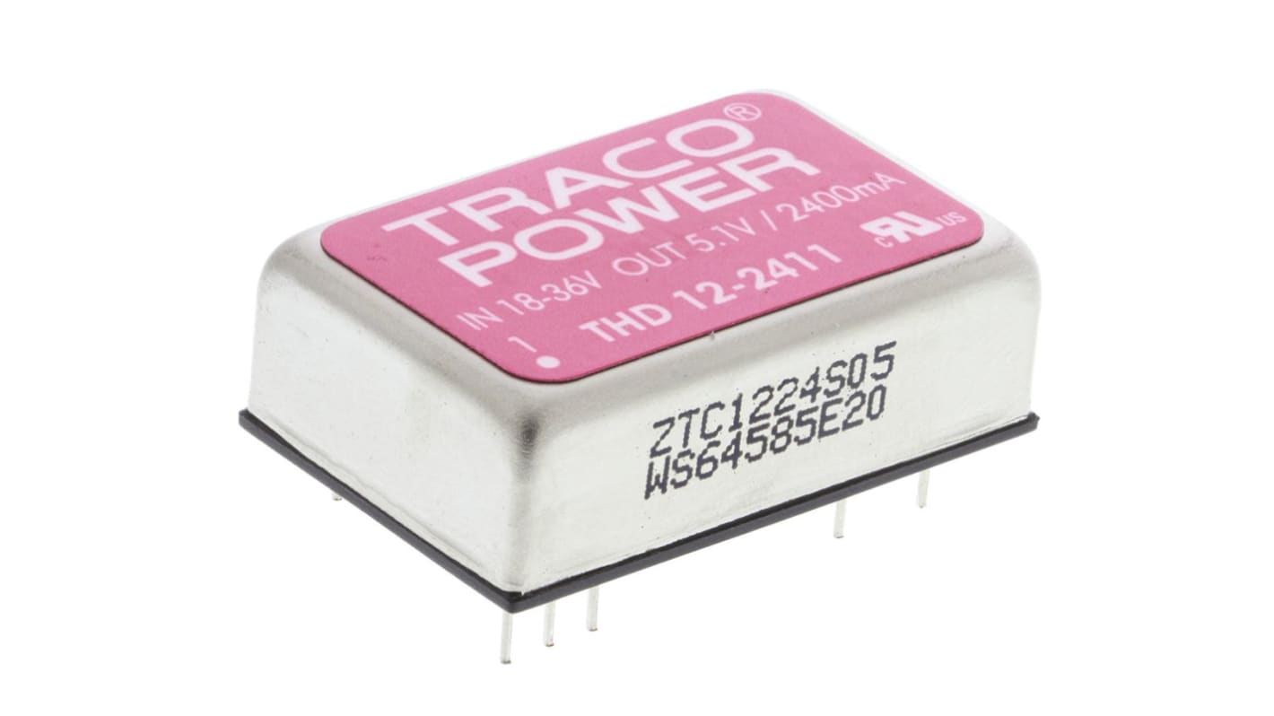 TRACOPOWER THD 12 DC-DC Converter, 5V dc/ 2.4A Output, 18 → 36 V dc Input, 12W, Through Hole, +85°C Max Temp