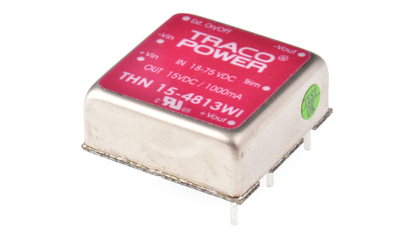 TRACOPOWER THN 15WI DC-DC Converter, 15V dc/ 1A Output, 18 → 75 V dc Input, 15W, Through Hole, +85°C Max Temp